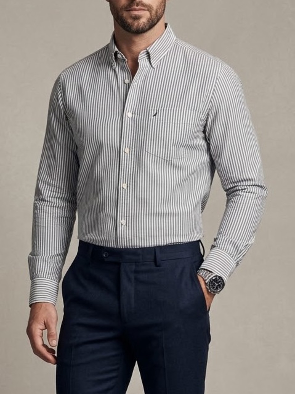 Nautica Button Down Shirt Mens XXL Blue White Striped Classic Fit Cotton Tencel